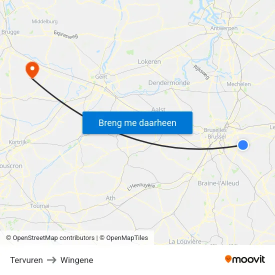 Tervuren to Wingene map