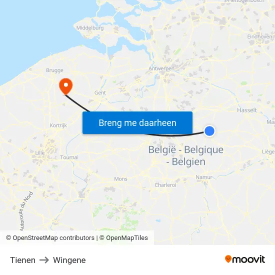 Tienen to Wingene map
