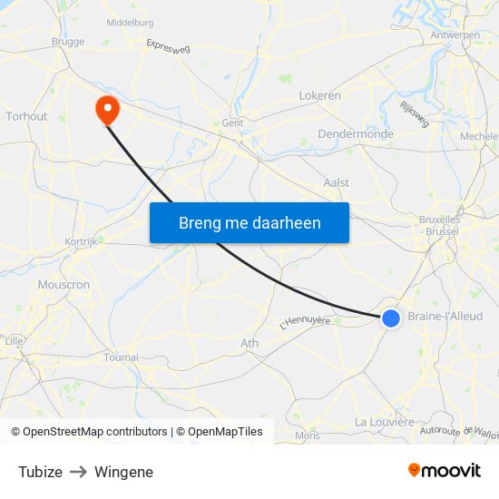 Tubize to Wingene map