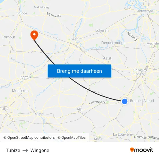 Tubize to Wingene map