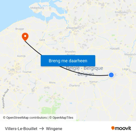 Villers-Le-Bouillet to Wingene map