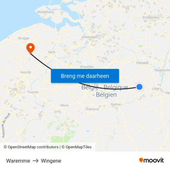 Waremme to Wingene map