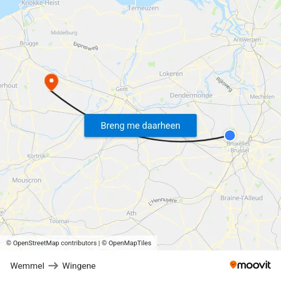 Wemmel to Wingene map