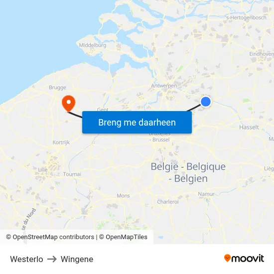 Westerlo to Wingene map