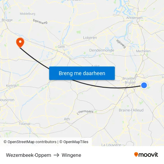 Wezembeek-Oppem to Wingene map