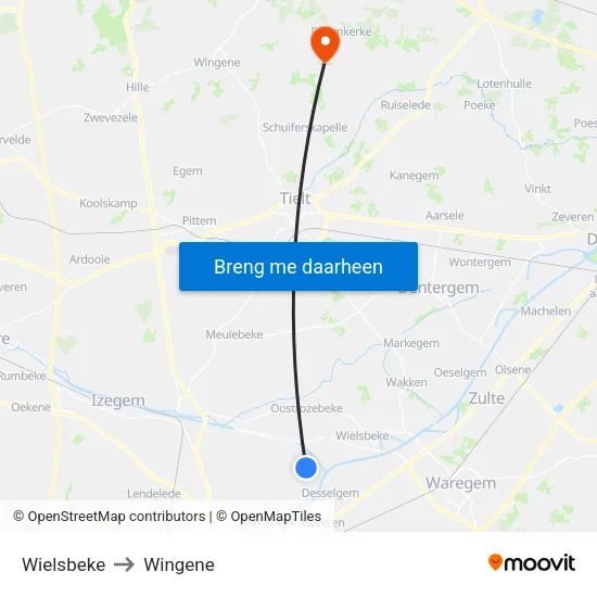 Wielsbeke to Wingene map