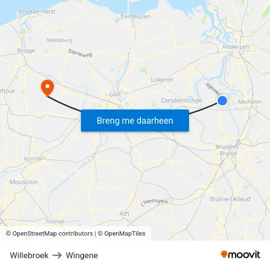 Willebroek to Wingene map