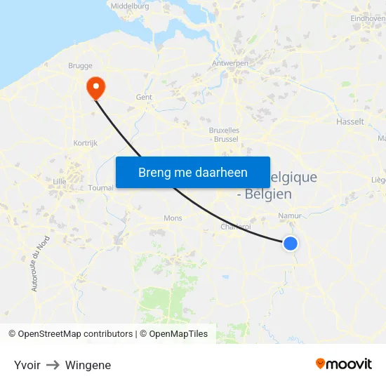 Yvoir to Wingene map