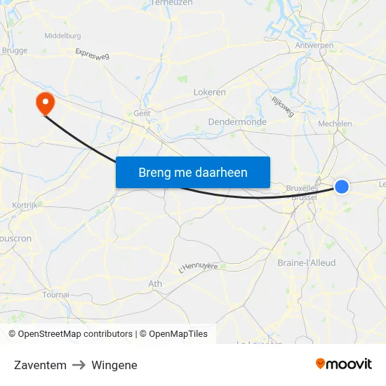 Zaventem to Wingene map