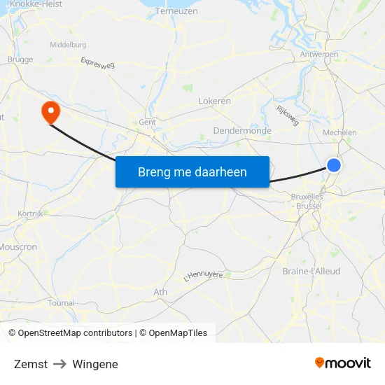 Zemst to Wingene map