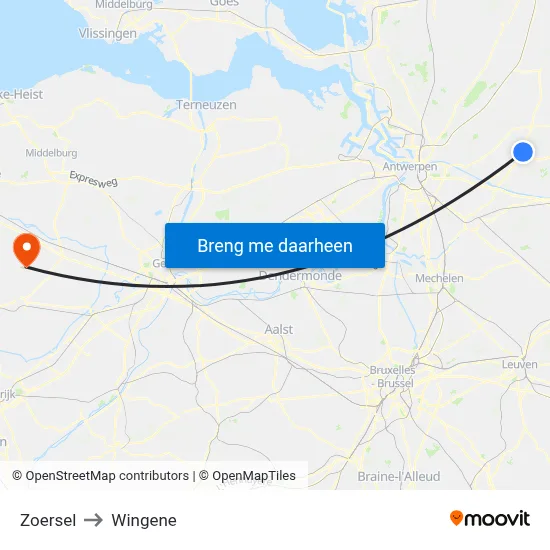 Zoersel to Wingene map
