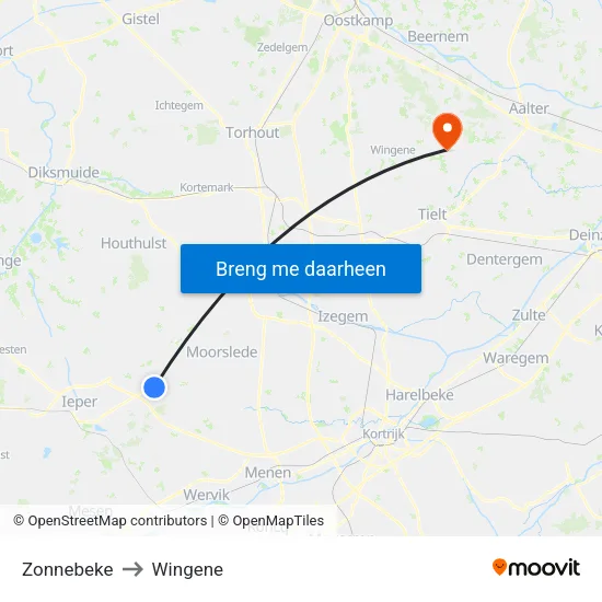 Zonnebeke to Wingene map