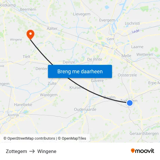 Zottegem to Wingene map