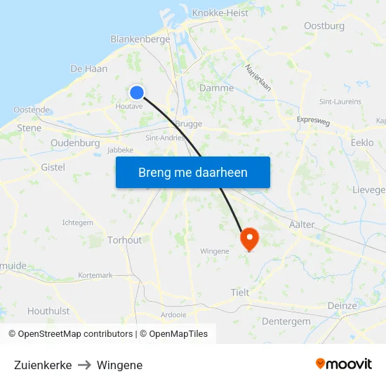 Zuienkerke to Wingene map