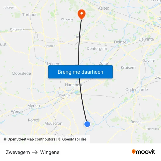 Zwevegem to Wingene map