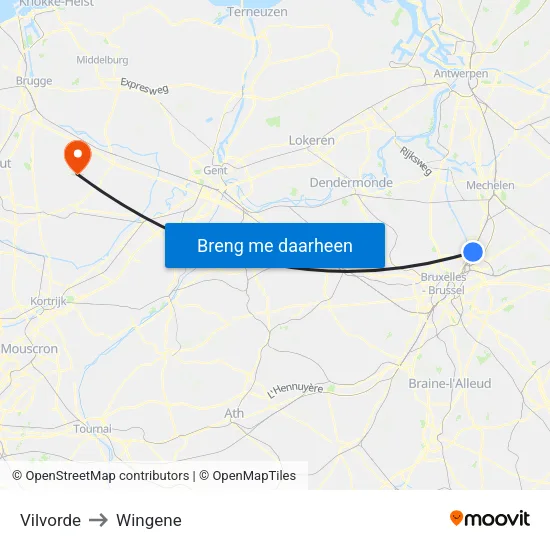 Vilvorde to Wingene map
