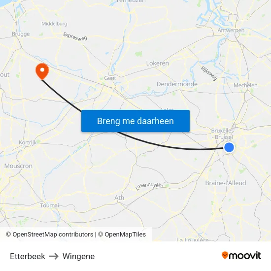 Etterbeek to Wingene map