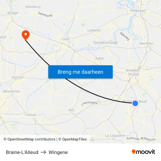 Braine-L'Alleud to Wingene map