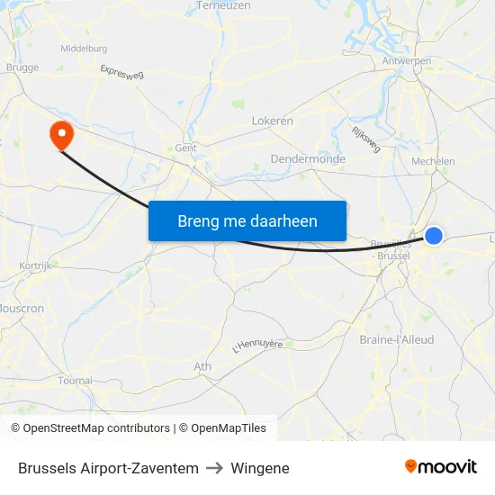 Brussels Airport-Zaventem to Wingene map