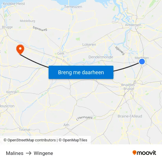 Malines to Wingene map