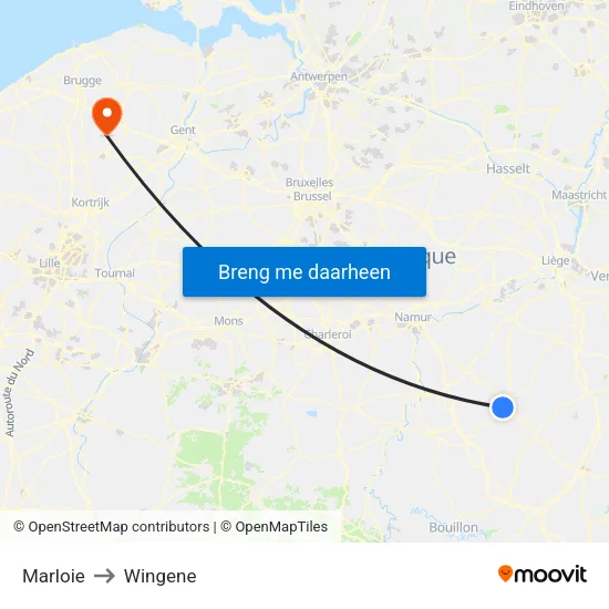 Marloie to Wingene map
