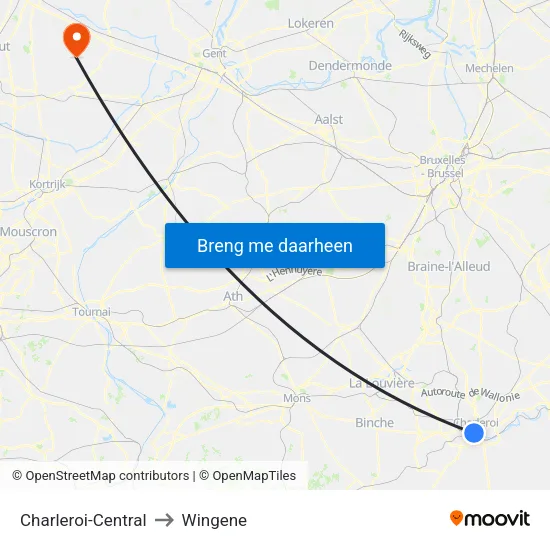Charleroi-Central to Wingene map
