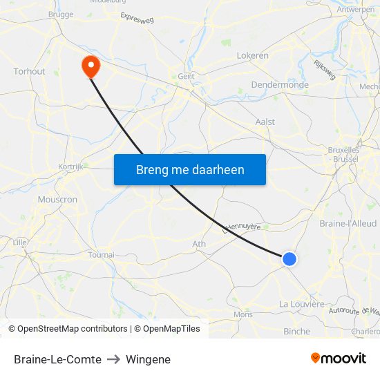 Braine-Le-Comte to Wingene map