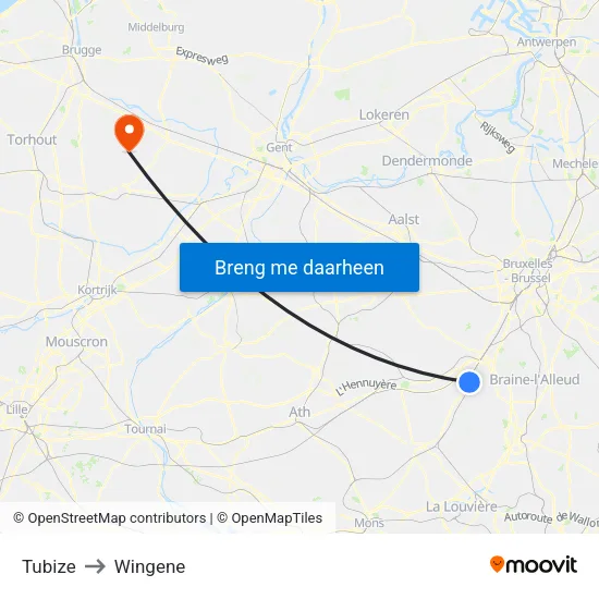 Tubize to Wingene map