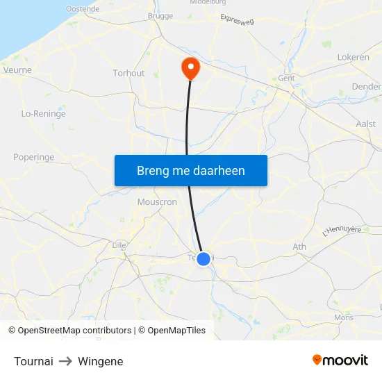 Tournai to Wingene map