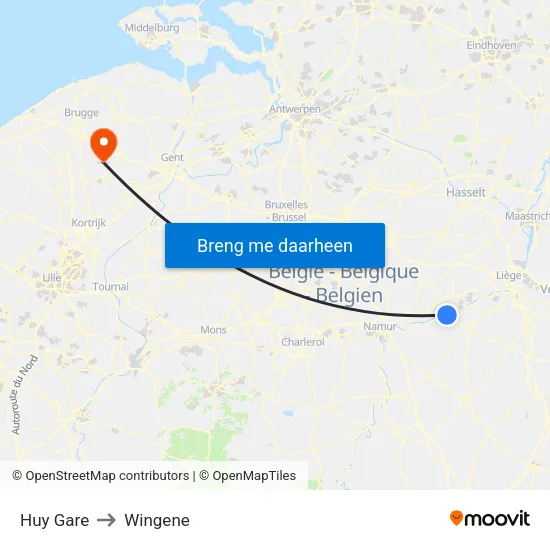 Huy Gare to Wingene map