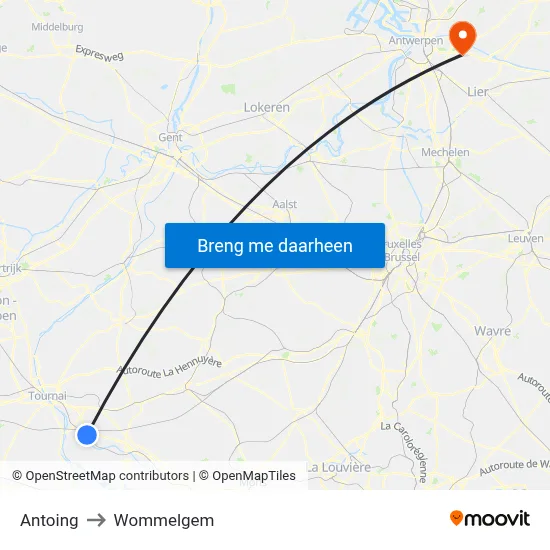 Antoing to Wommelgem map