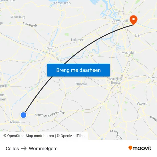 Celles to Wommelgem map