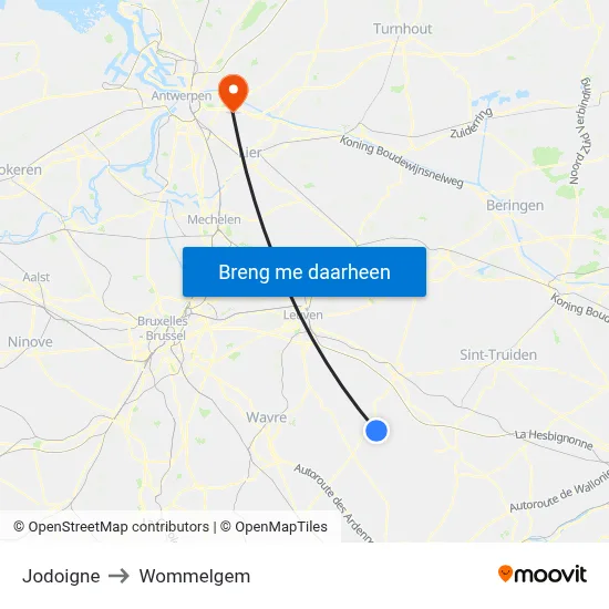 Jodoigne to Wommelgem map