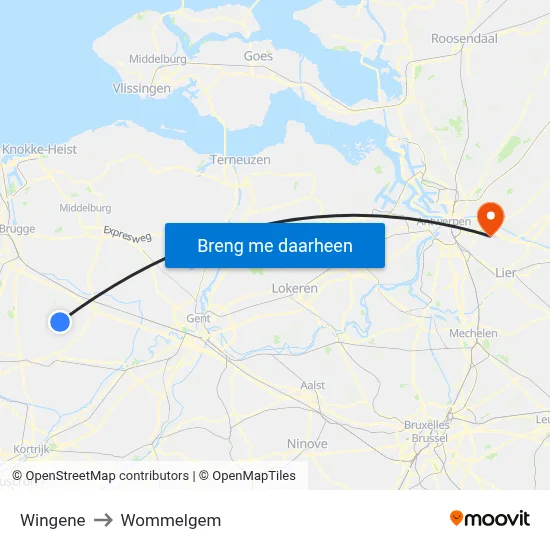 Wingene to Wommelgem map