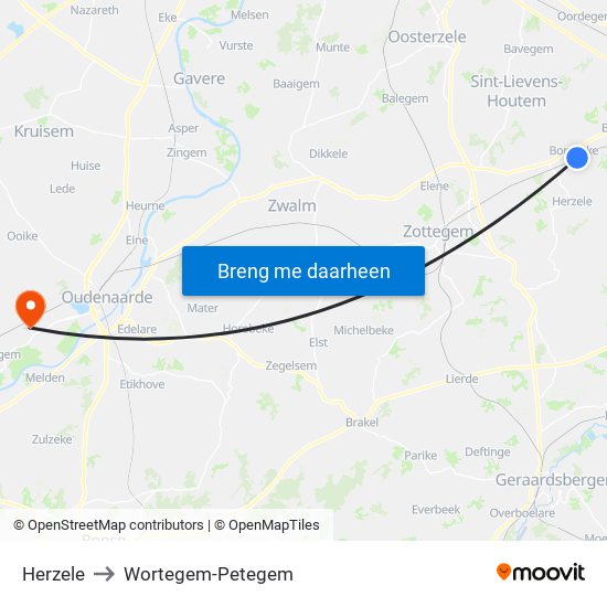 Herzele to Wortegem-Petegem map