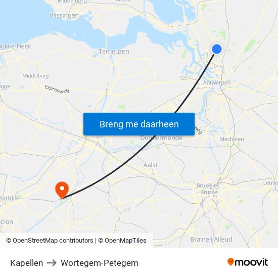 Kapellen to Wortegem-Petegem map