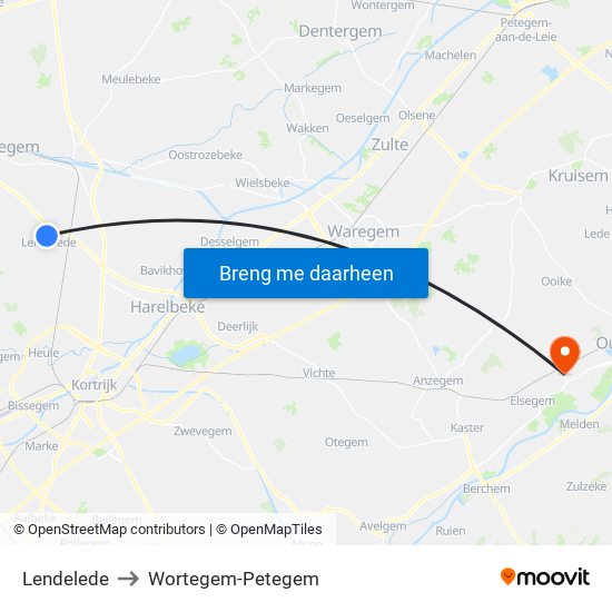 Lendelede to Wortegem-Petegem map