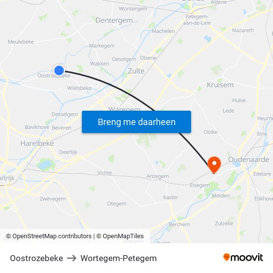 Oostrozebeke to Wortegem-Petegem map