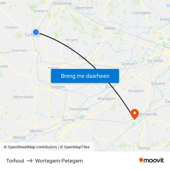 Torhout to Wortegem-Petegem map