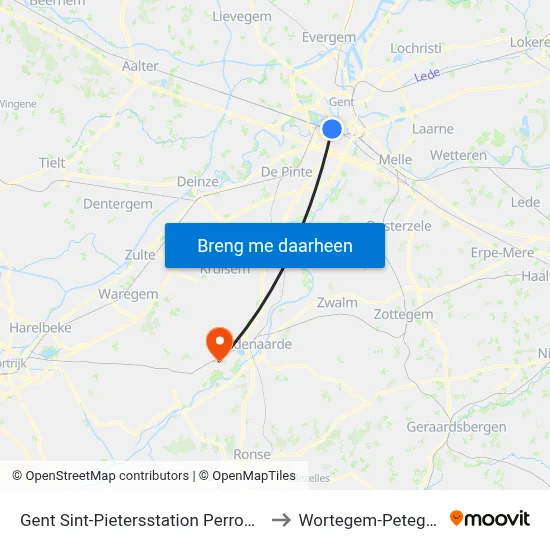 Gent Sint-Pietersstation Perron 20 to Wortegem-Petegem map
