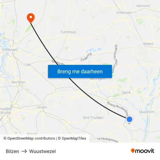 Bilzen to Wuustwezel map
