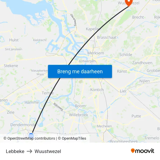 Lebbeke to Wuustwezel map