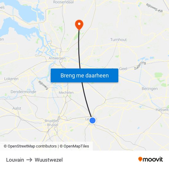 Louvain to Wuustwezel map