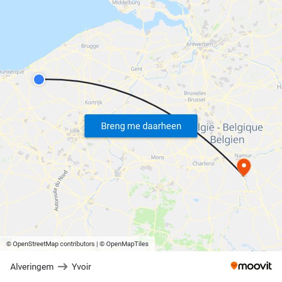 Alveringem to Yvoir map