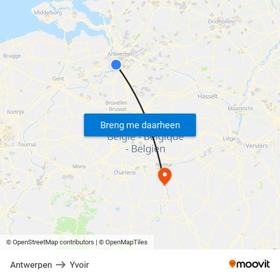 Antwerpen to Yvoir map