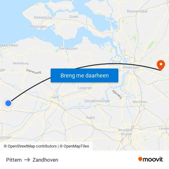Pittem to Zandhoven map