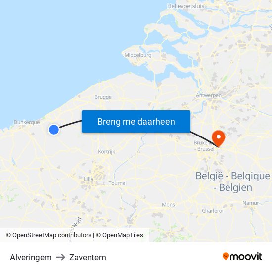 Alveringem to Zaventem map