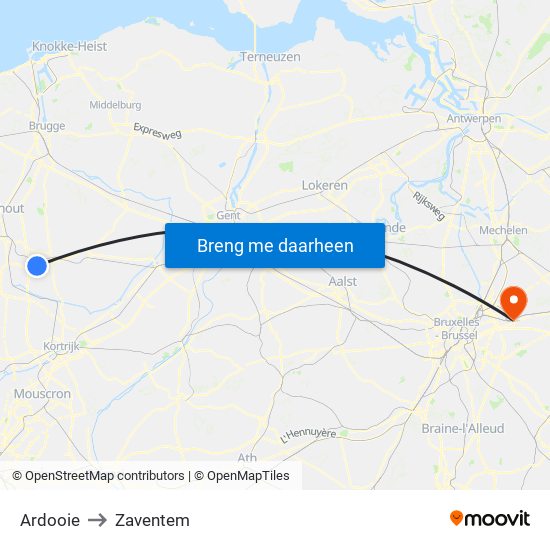 Ardooie to Zaventem map