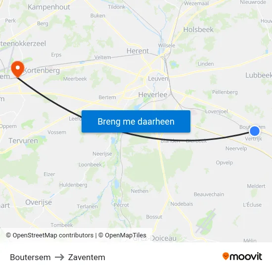 Boutersem to Zaventem map