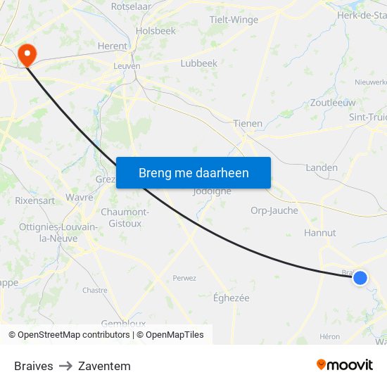 Braives to Zaventem map